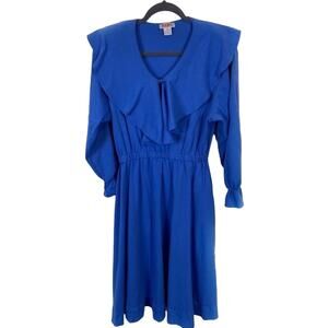 Secretary Chic Dress Retro Fads Vintage Ruffle Collar 80s Career Dress sz L Blue